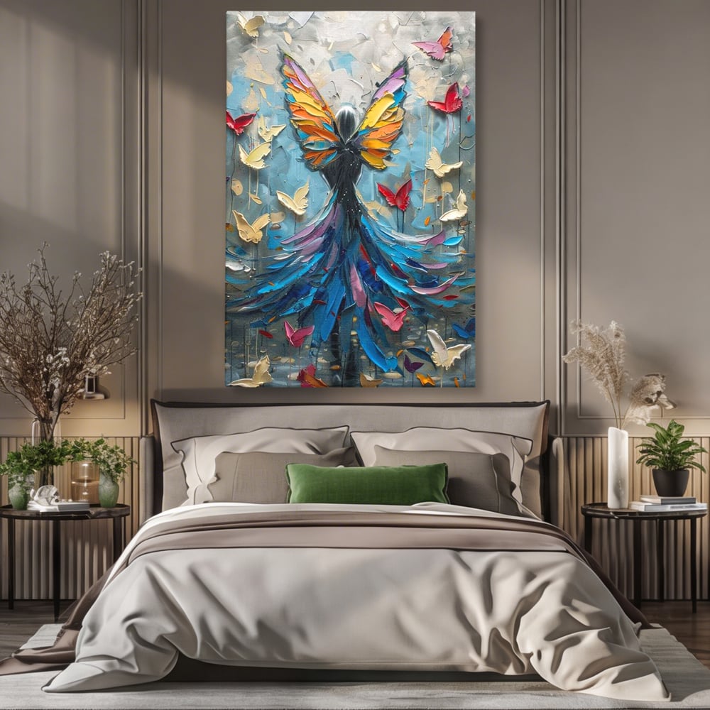 Tablou canvas cu tablou canvas cu femeie si aripi de fluture, fara rama, pe sasiu de lemn, pe perete intr-un dormitor